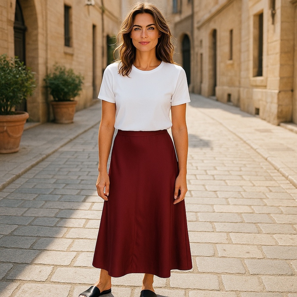NWT Ecru Women’s A-Line Skirt Satin Charmeuse Midi Burgundy Silky Luxurious‎